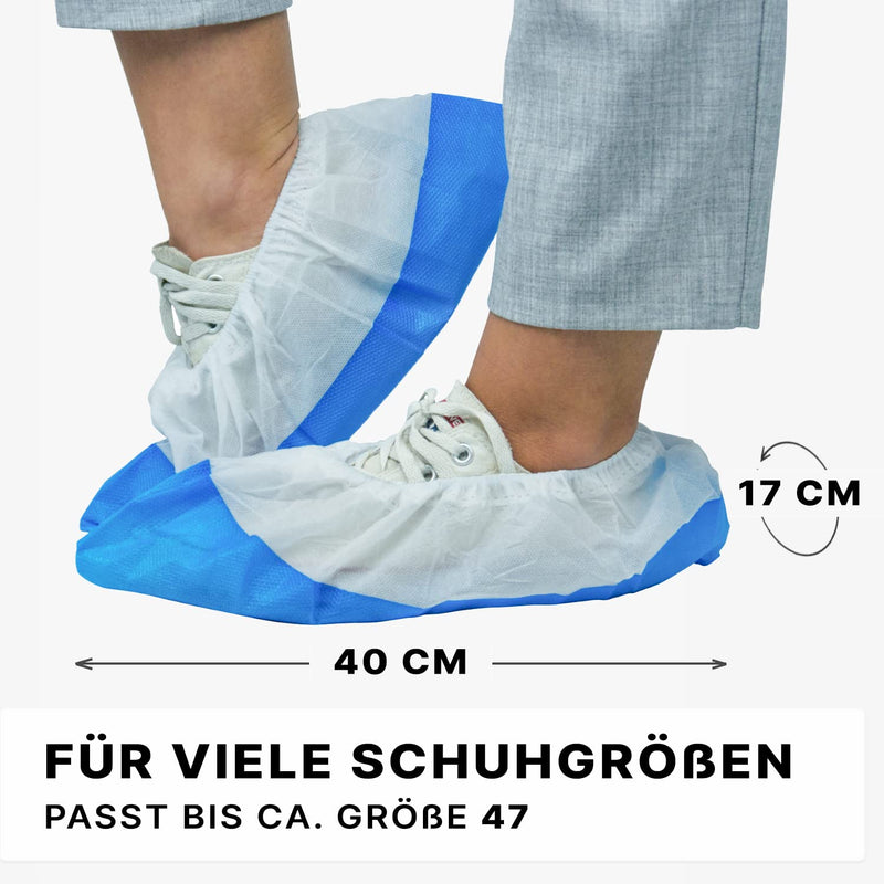 50x ARNOMED disposable shoe covers blue/white, overshoes with waterproof sole, reusable CPE+PP overshoes extra strong, shoe protection cover non-slip 17x40cm, tear-resistant overshoes for construction sites 050 pieces
