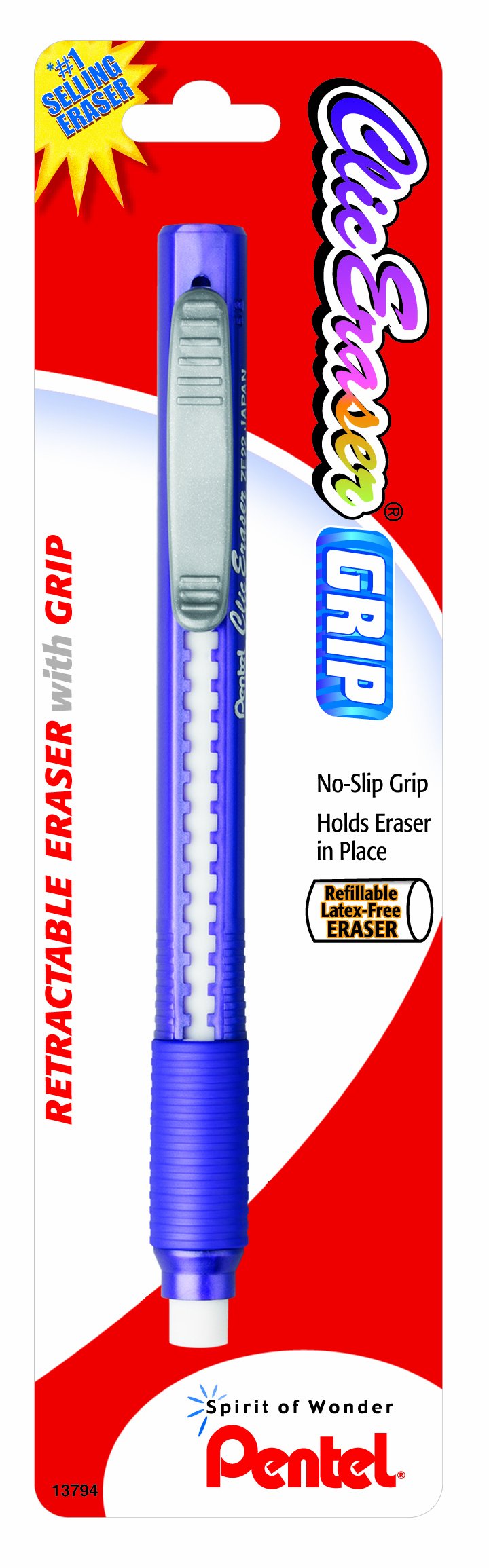 Pentel Clic Eraser Grip Retractable Eraser with Grip, Assorted Barrels, 1 Pack (ZE21TBP) (ZE21TBP)