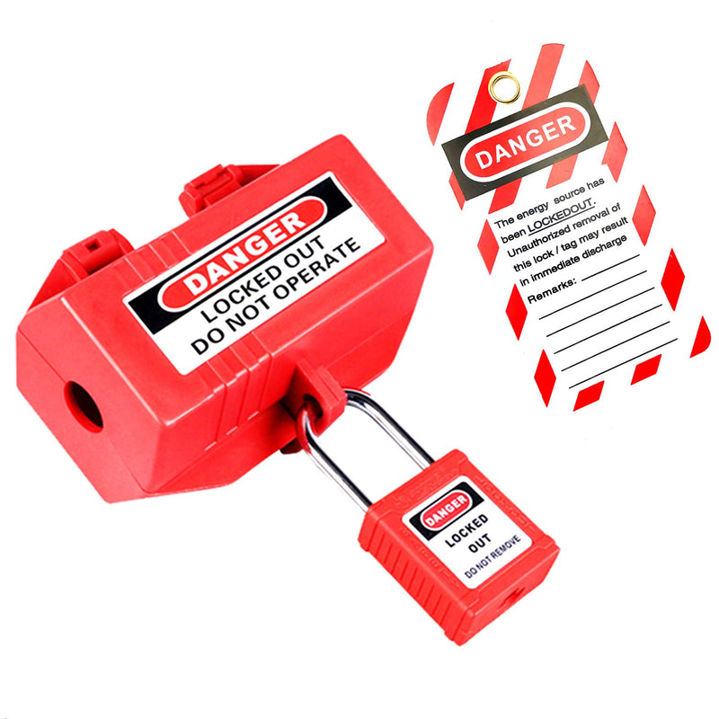 SAFBY Plug Lockout for 110 Volt Plugs, with Red Safety Padlock and Tag, Standard