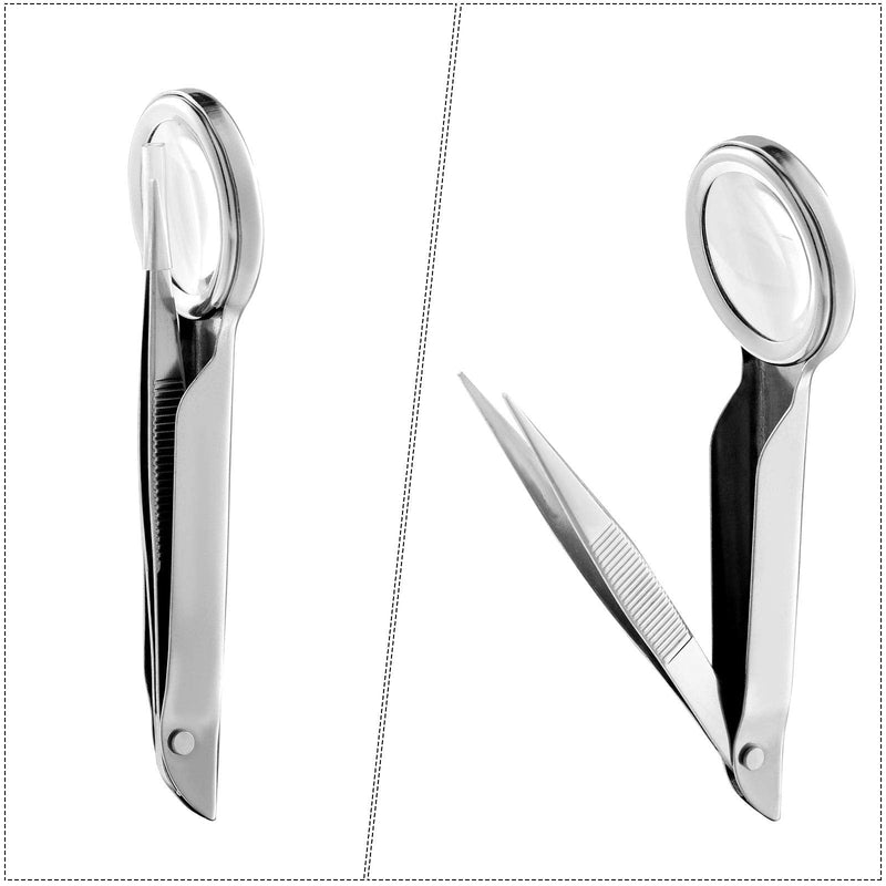 3 Pieces Magnifying Tweezers, Splinter Tweezers Forceps with Magnifying Glass 5X Handheld Magnifier Tweezers Portable Repairing Loupe Tool for Scientific Jewelry Inspection Stamps Ingrown Hair Removal