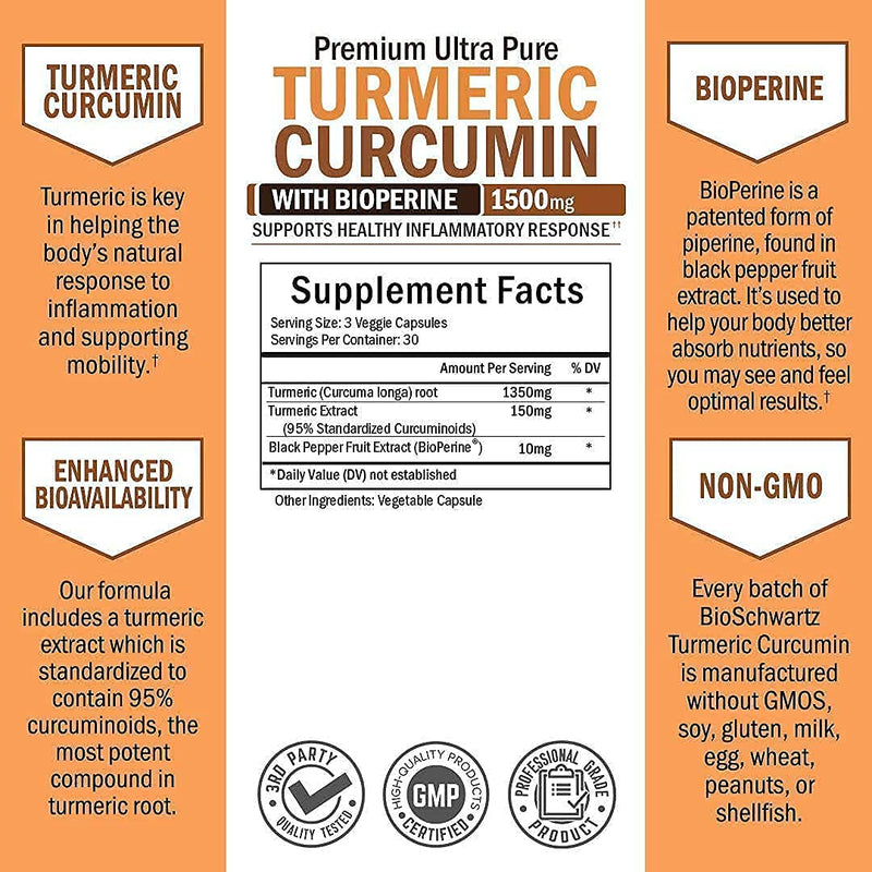 Turmeric Curcumin with BioPerine 1500mg - Natural Joint & Healthy Inflammatory Support with 95% Standardized Curcuminoids for Potency & Absorption - Non-GMO, Gluten Free Capsules with Black Pepper.