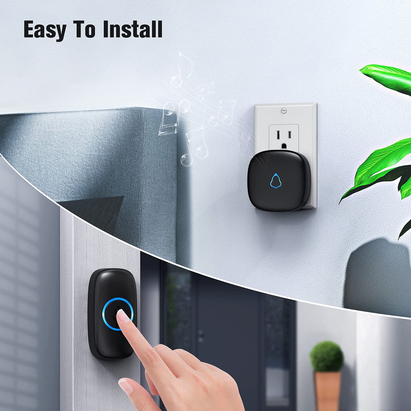 SECRUI Wireless Doorbell with 2 Receivers, Waterproof Mini Doorbell 1,000ft Range 110dB Mute Mode 58 Door Chimes & Colorful LED Flashing - Black 1 Push Button 2 Receivers