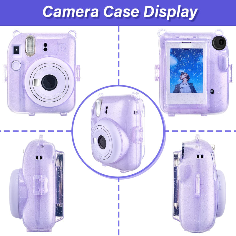 HIYQIN Upgrated Clear Glitter Case for Instax Mini 12, Fuji Mini 12 Clear Case, Fashion Glitter Protective Case with Adjustable Shoulder Strap, Portable Photo Box and DIY Sticker (Clear+Purple) Glitter-Clear Case+3 Accessories Purple