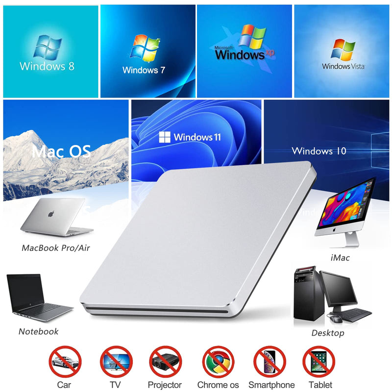 Guamar External CD/DVD Drive,USB Type C CD DVD Burner CD ROM Disc Reader Writer, Portable Optical CD/DVD +/-RW Drive DVD Player for Laptop Mac Desktop PC Windows 11 Apple MacBook Matte Silver
