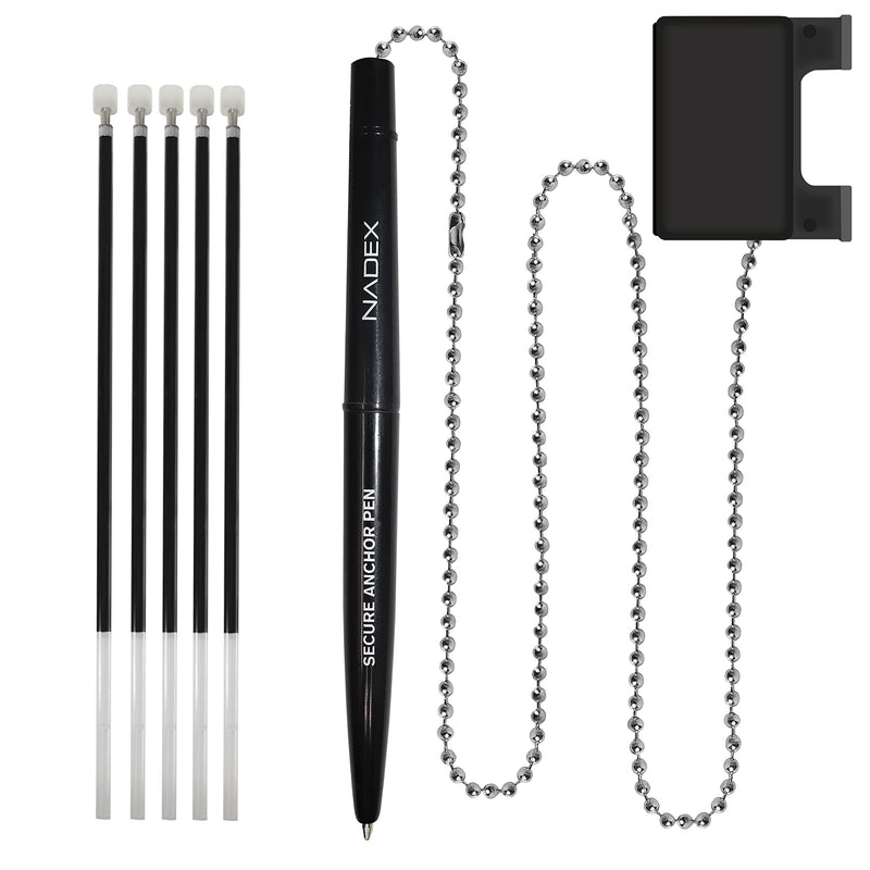 Nadex Ball and Chain Security Pen Set | 1 Pen, 1 Adhesive Mount, and 5 Refills (Black)