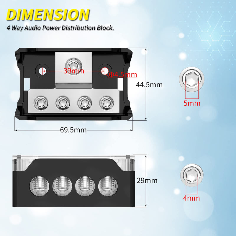 Joinfworld 4 Way Power Distribution Block Car Audio 0/2/4 Gauge Input 4/8/10 Gauge Output Amp Ground Distribution Block Splitter for Amplifier Auto Car Boat