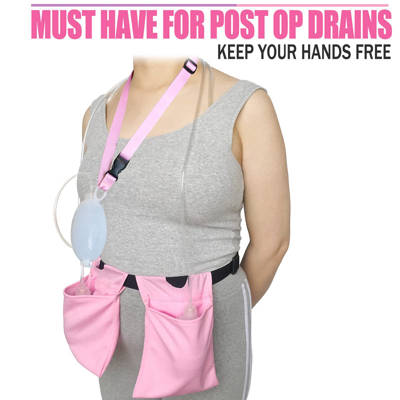 Mastectomy Drainage Holder with Shower Lanyard, Quick Dry Pockets Adjustable for Post Surgery JP Drains Management, Diep Reconstruction/explant Surgery/Tummy Tuck, Pink Dwaist+showerlanyard