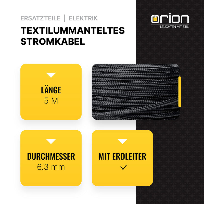 ORION LIGHTSTYLE textile cable for lamps, 5 m black, 3-wire, (3x 0.75 mm²) - plastic power cable with earth conductor, textile coated 5 m