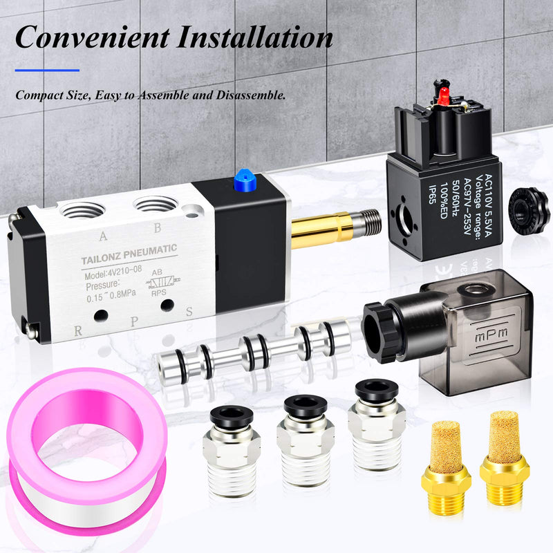 TAILONZ PNEUMATIC 1/4"NPT Solenoid Valve 4V210-08 12V/24V/110V/220V Single Coil Pilot-Operated Electric 2 Position 5 Way Connection Type AC110V