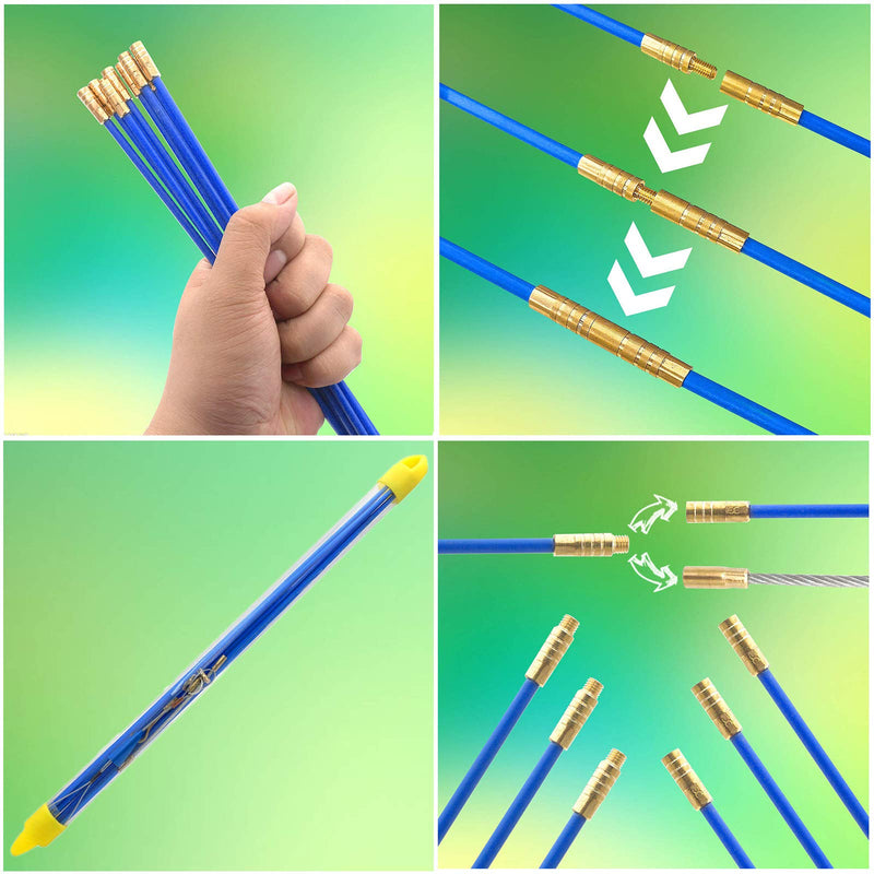 50' Fiberglass Cable Wire Running Rod Coaxial Electrical Connectable Fish Tape Pull Kit With Hook And Hole Kit In Transparent Tube, Blue