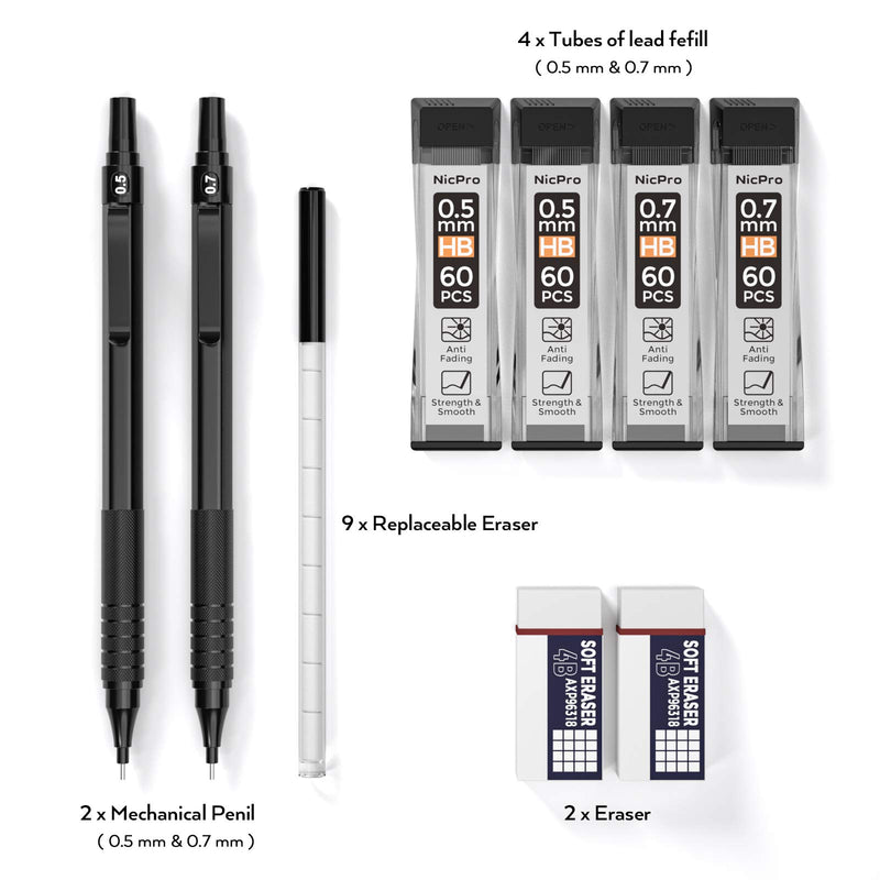 Nicpro Black Mechanical Pencils 0.5mm & 0.7 mm, Metal Lead Pencil Set with 4 Tubes HB Lead Refill And 2 Erasers For Writing Drafting, Drawing, Sketch -Come With Case