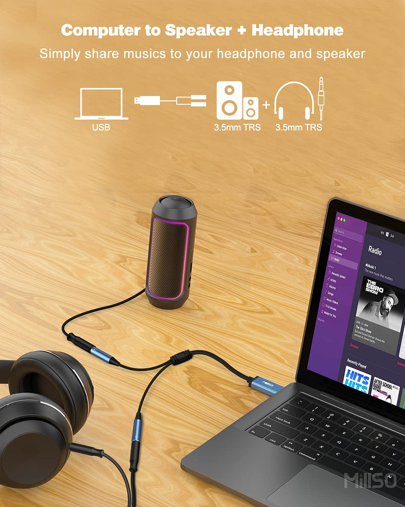 MillSO USB to Dual 3.5mm Audio Jack Adapter, Sapphire Blue TRRS External Stereo Sound Card Headphone Stereo Jack Splitter for Two Headphones, Speakers to a PC, Laptop, Desktop, PS4, PS5-1 Feet