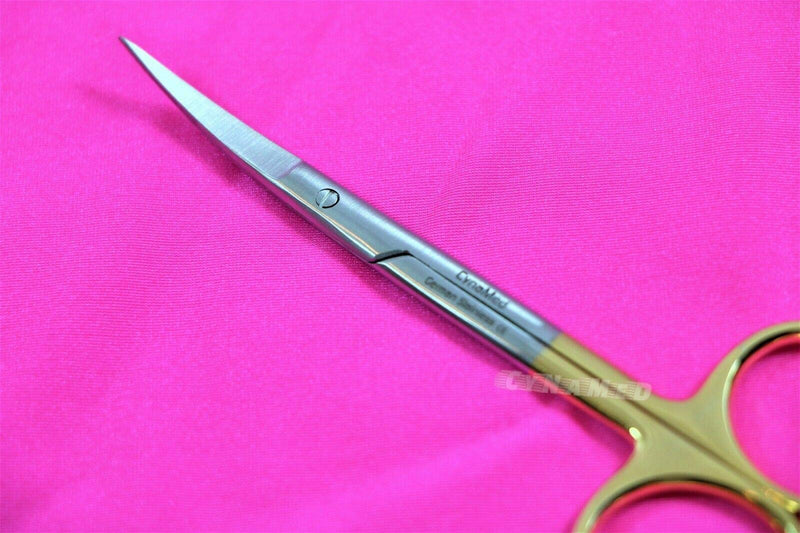 Premium German Iris Supercut Micro Dissecting Scissors Curved 4.5" with Tungsten Carbide Inserts Gold Handle (Curved Blades) CURVED BLADES
