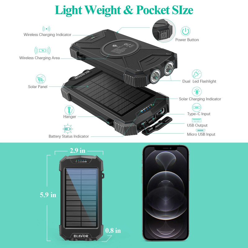 Solar Charger Power Bank, Qi Wireless Charger 10,000mAh External Battery Pack Type C Input Port Dual Flashlight, Compass, Solar Panel Charging (Black) Black