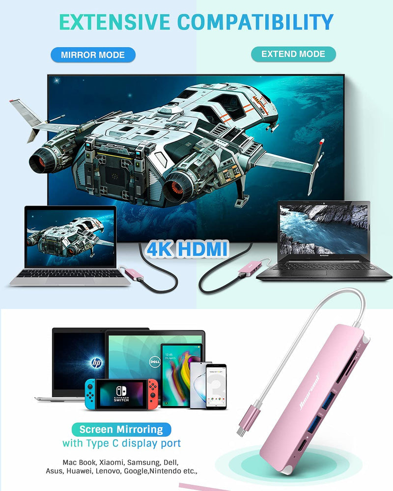 USB C Hub,Hiearcool USB C Adapter,7IN1 USB C to HDMI Mulitiport Adapter Dongle Compatible for MacBook Pro and USB C Laptop-Pink Pink