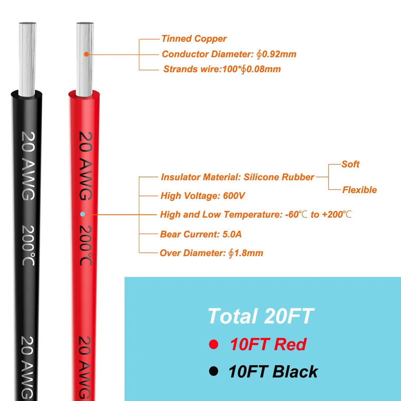 Electrical Wire 20 AWG 20 Gauge Silicone Wire Hook Up wire Cable 20 Feet [10 ft Black And 10 ft Red] - Soft and Flexible 100 Strands 0.08mm of Tinned copper wire High Temperature Resistant (20AWG) 20AWG