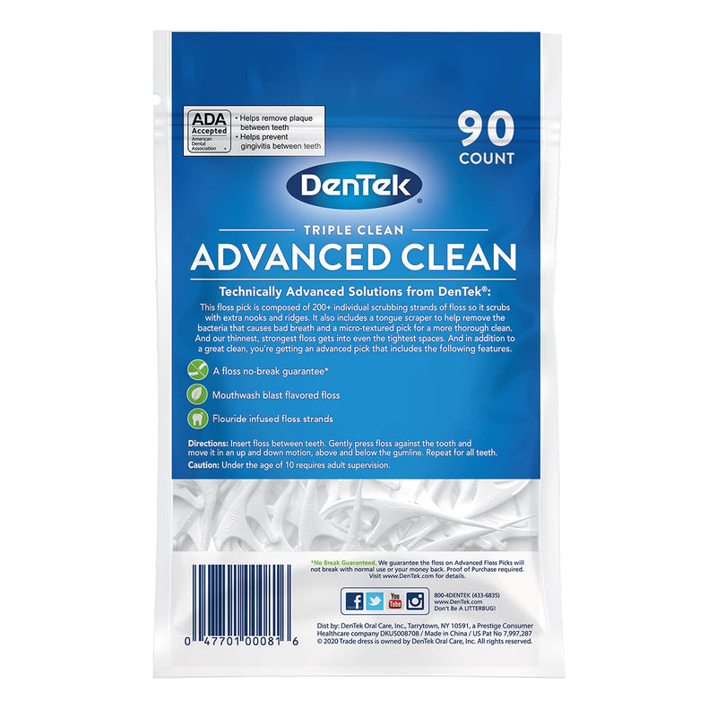 DenTek Triple Clean Advanced Clean Floss Picks, No Break & No Shred Floss, 90 Count 90 Count (Pack of 1)