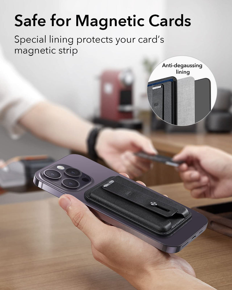 ESR MagSafe Wallet (HaloLock), iPhone Wallet with Secure-Grip Finger Loop, Magnetic Wallet for iPhone 14/13/12 Series, Not for 13/12 Mini, 3-Card Holder, Vegan Leather, MagSafe Accessories, Black
