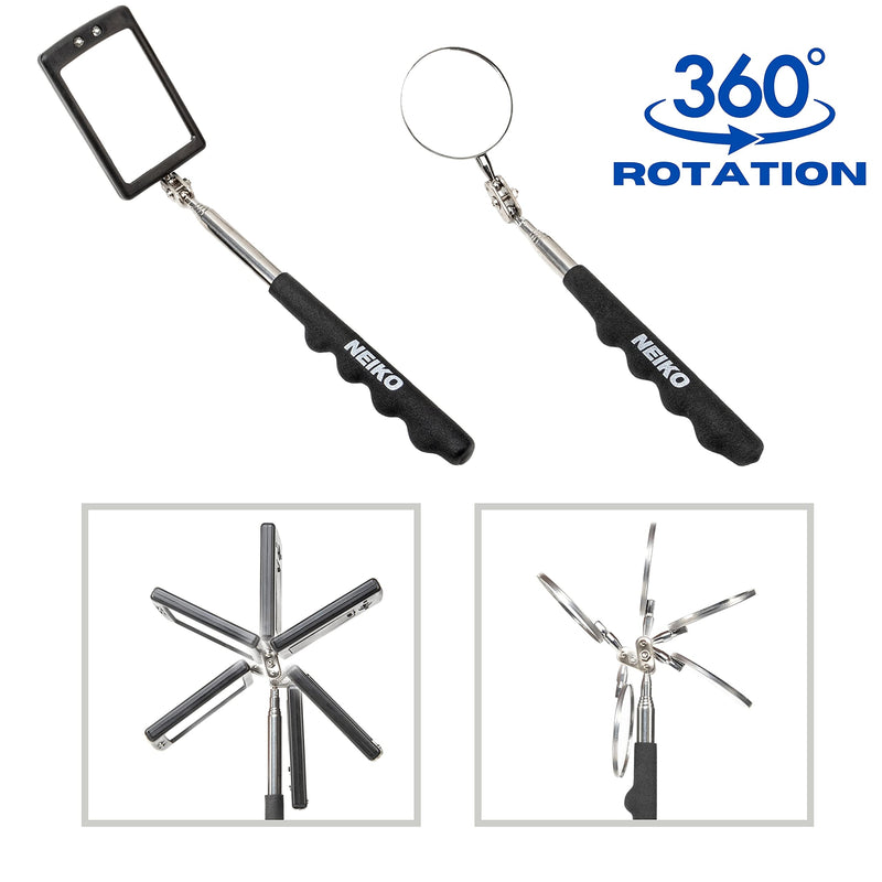 NEIKO 20736A Magnetic Pick-Up Tool and Inspection Mirror Set | Telescoping Flexible & Extendable LED Flashlight | 15lb Retriever Tool | 6 Piece Set | 360 Swivel, Adjustable, Telescoping Mirror