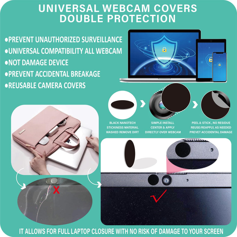 Black Nano Universal Webcam Covers Large Size 14 PCS Privacy Protection Accessory, No Residue Application, Safe Screen Closure – Protect Your Privacy and Prevent Lens Glass Breakage- 1 Cleaning Cloth