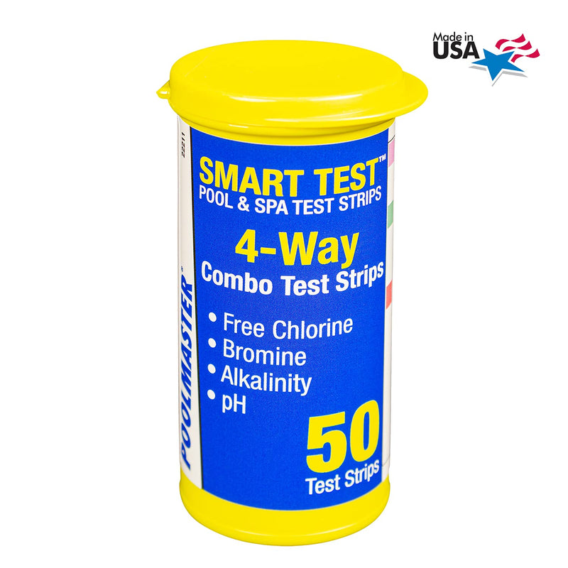 Poolmaster 22211 Smart 4-Way Swimming Pool and Spa Water Chemistry Test Strips, 1 Pack, Made in the USA, White and yellow 4 Way Test Strips