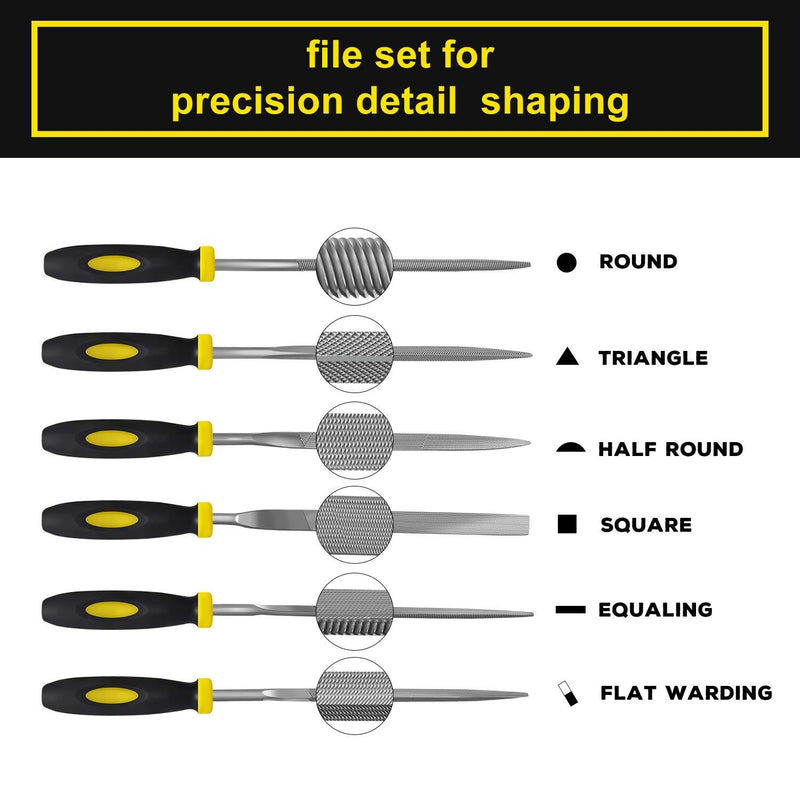 Needle File Set, 6 Pieces Hand Metal Files, Hardened Alloy Strength Steel Set Includes Flat, Flat Warding, Square, Triangular, Round, and Half-Round File Black-6pcs