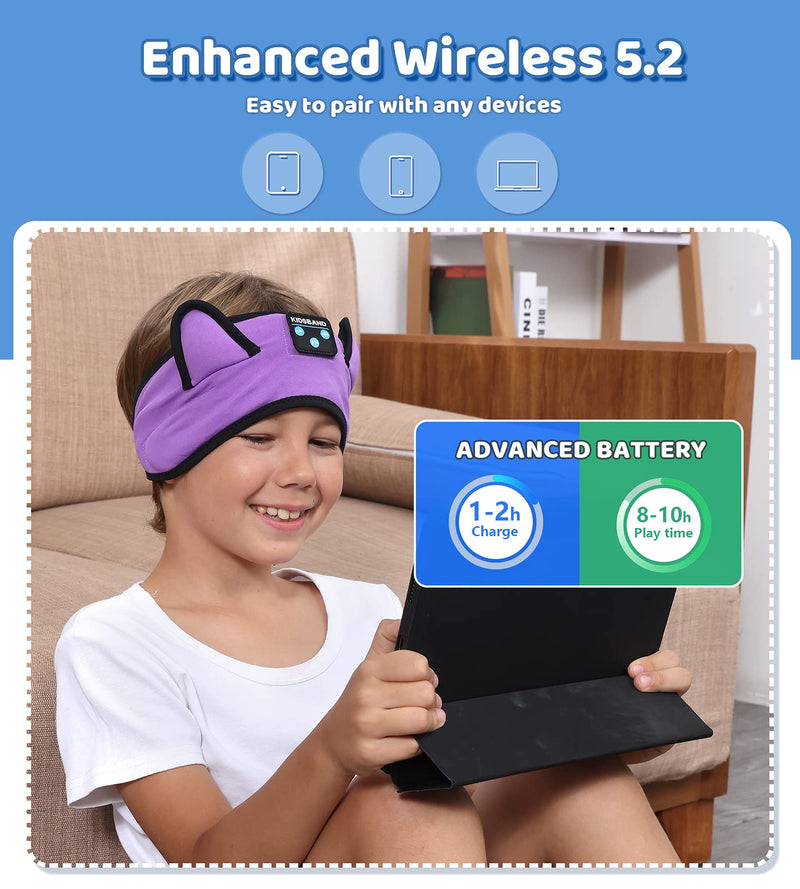 Kids Bluetooth Headphones, KIDSBAND Sleep Headband [Wireless & Wired Palyback 2in1] Wired with Microphone Headphones for Kids with Stereo Sound,Foldable Kids Headphones for School/Travel/Tablet/Sleep Purple
