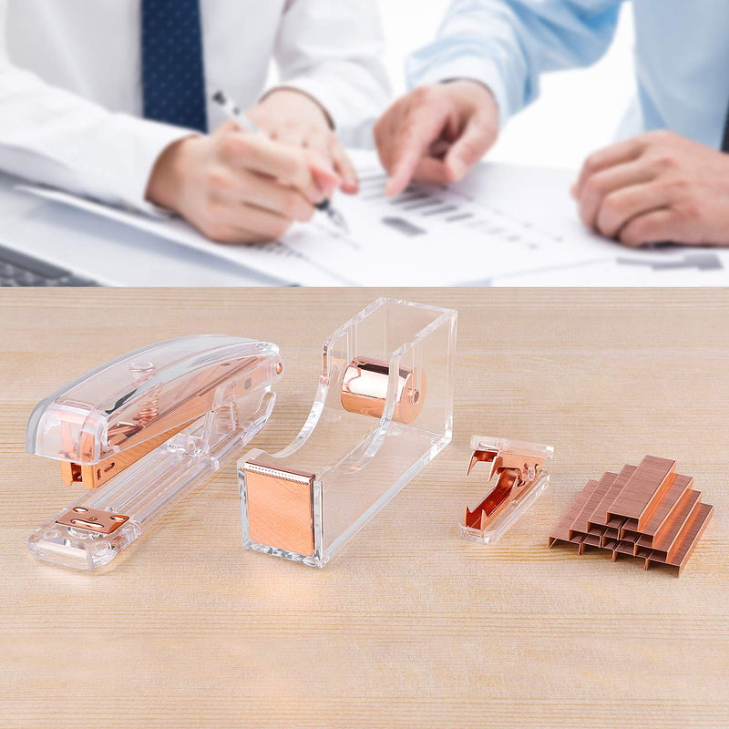 ALSISK Desk Accessory Kit,Acrylic Stapler Set, Tape Dispenser, Staple Remover with 1000pcs 26/6 Staples -Rose Gold