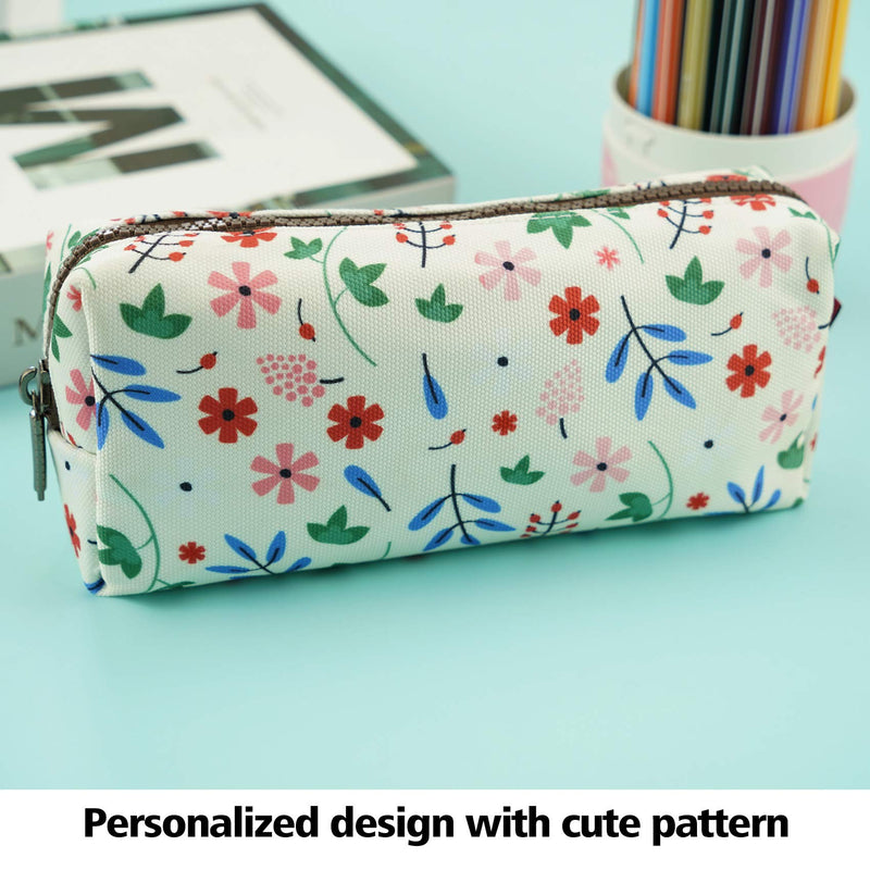 LParkin Floral Large Capacity Flower Canvas Pencil Case Teacher Gift Gadget Pen Bag Pouch Stationary Case Makeup Cosmetic Student Bag Box White