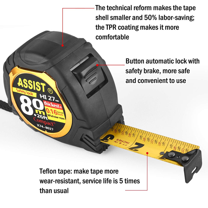 ASSIST 26FT Measuring Tape By ASSIST 3.2m Level Standout, both side printing metal blade,60% thicker blade,Heavy duty,8 times longer lifetime than normal one,Industray grade