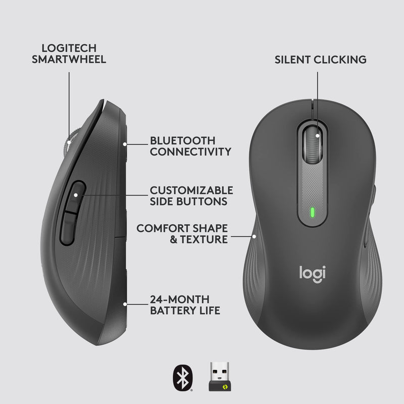 Logitech Signature M650 L Left Wireless Mouse - for Large Sized Left Hands, 2-Year Battery, Silent Clicks, Customizable Side Buttons, Bluetooth, Multi-Device Compatibility - Graphite Left Handed Large Size