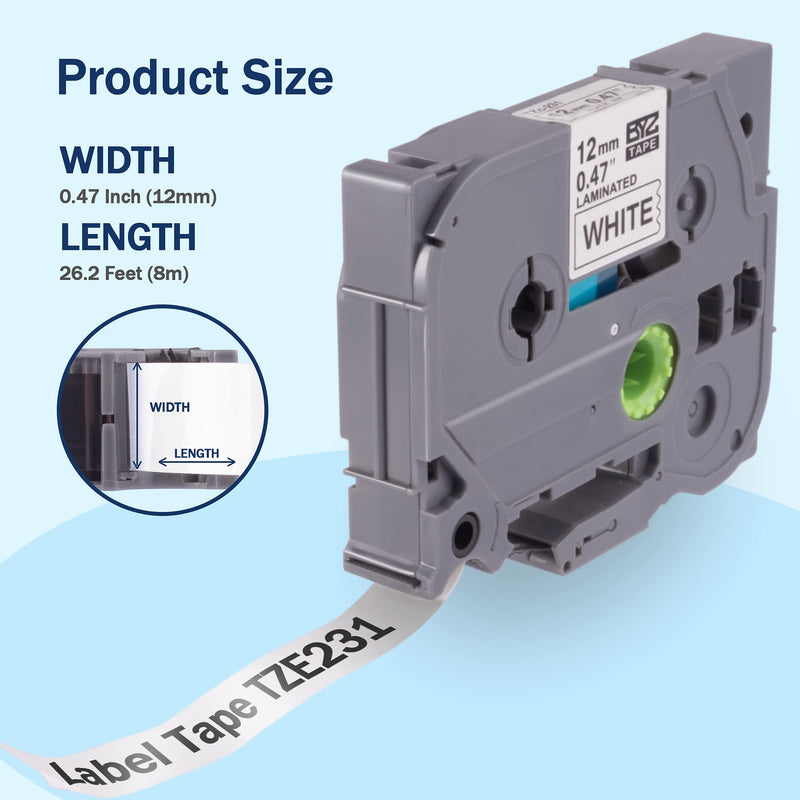 ISTAR Compatible Label Tape Replacement for Brother P-Touch TZe-231 TZe231 TZe-231S to use with Label Maker PT-D400 PT-D600 PT-H300 PT-P700, 0.47 Inch (12mm) x 26.2 Feet (8m), Black on White, 6-Pack