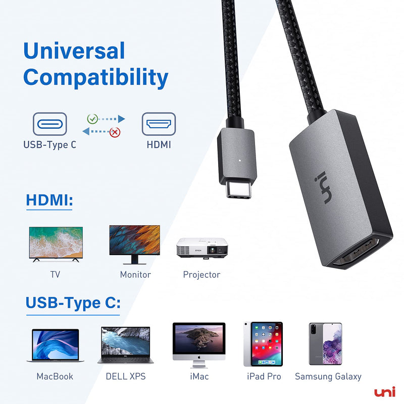 USB C to HDMI Adapter 4K, uni Sturdy Aluminum HDMI to USB C (Thunderbolt 3) Adapter, Compatible for MacBook Pro/Air, iPad Pro, iPad Air 4, iMac, XPS 13/15, Surface Pro 7, S20, and More - Gray 1