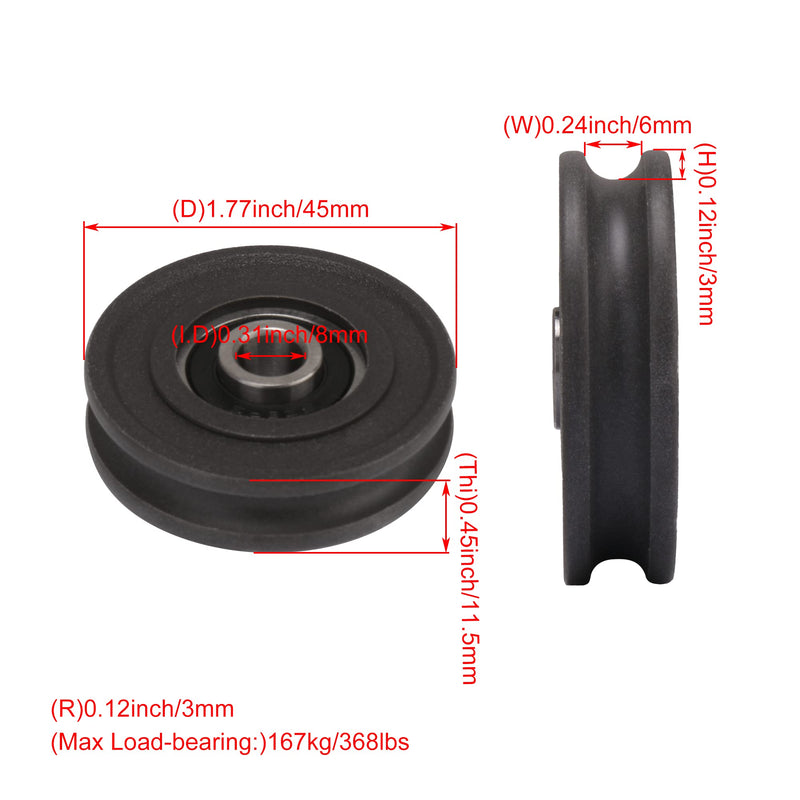 CNBTR U-Type Pulley Wheel with Steel Bearings 8mm Shaft Hole 45mm Diameter for Max-Load 167kg Pack of 4 8*45*11.5mm Black