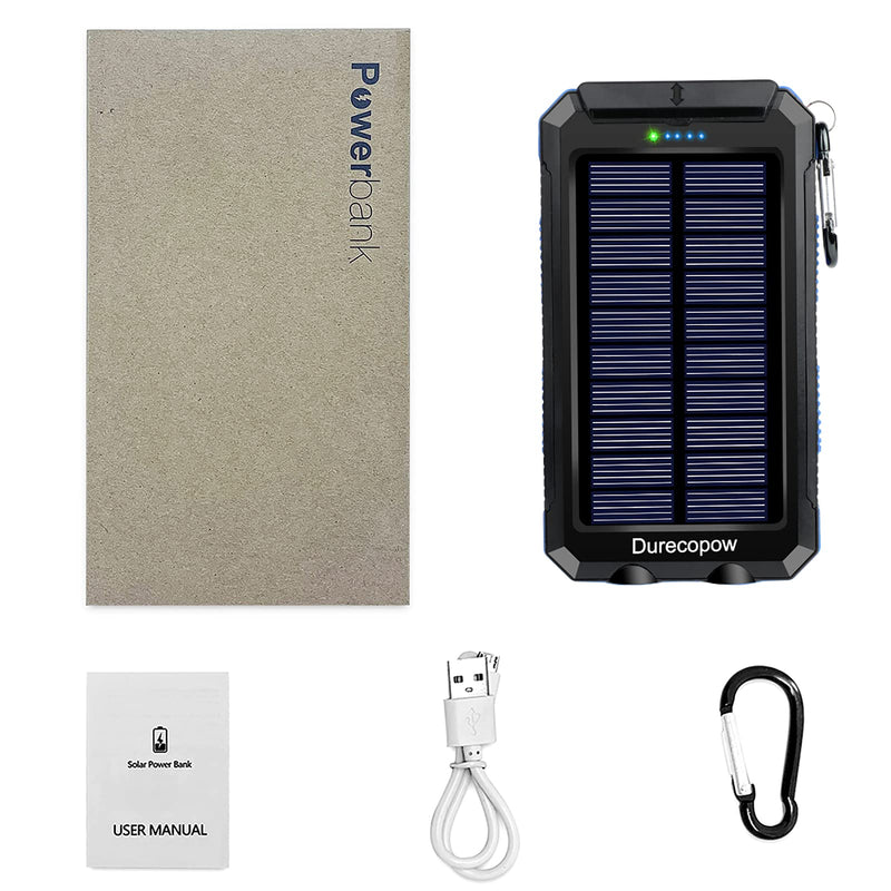 Solar Charger, Durecopow 20000mAh Portable Outdoor Waterproof Solar Power Bank, Camping External Backup Battery Pack Dual 5V USB Ports Output, 2 Led Light Flashlight with Compass (Blue) 20000mAh-Blue