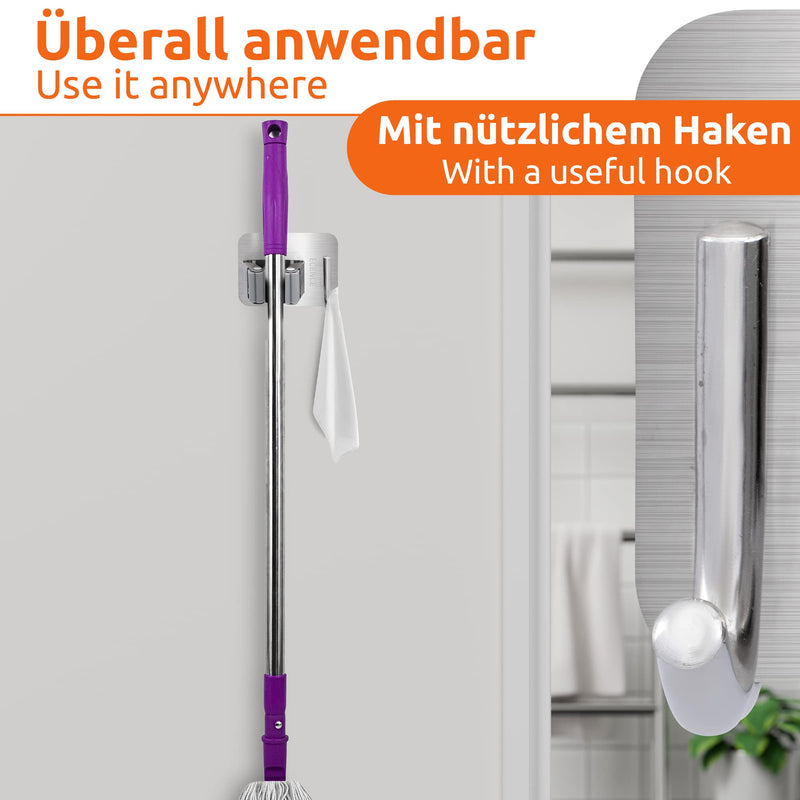 ECENCE 4x self-adhesive device holder, broom holder, wall mount for kitchen, utility room, bathroom, universal holder with quick release, silver
