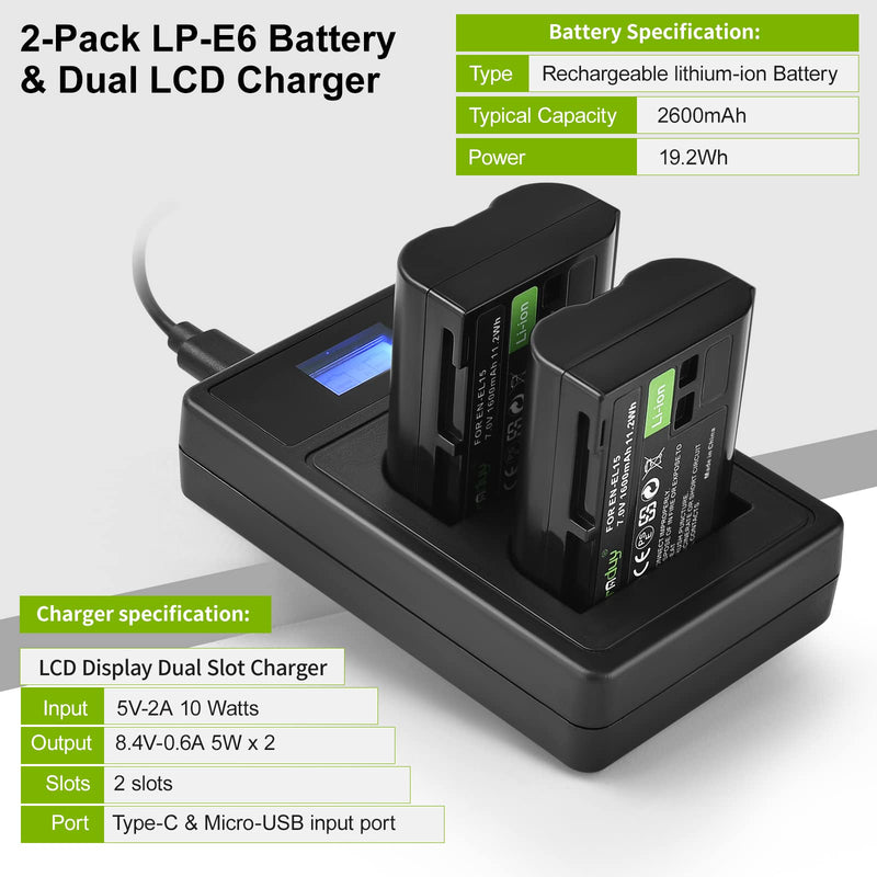 Eeyrnduy EN-EL15 2-Pack Batteries and Charger Set Replacement for Nikon EN-EL15 EL15a EL15b EL15c Battery Z6 Z7 D750 D850 D7000 D7500 D7100 D7200 D500 D600 D610 D800 D810 D850 Camera 1600mAh