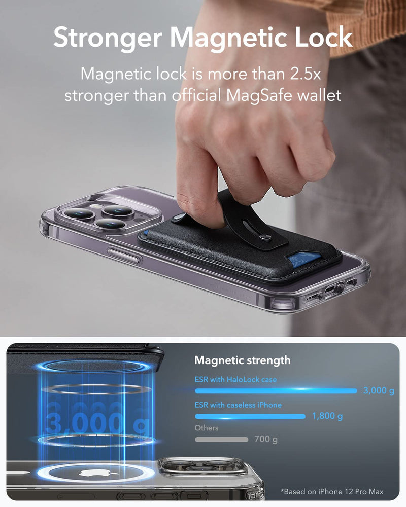 ESR MagSafe Wallet (HaloLock), iPhone Wallet with Secure-Grip Finger Loop, Magnetic Wallet for iPhone 14/13/12 Series, Not for 13/12 Mini, 3-Card Holder, Vegan Leather, MagSafe Accessories, Black