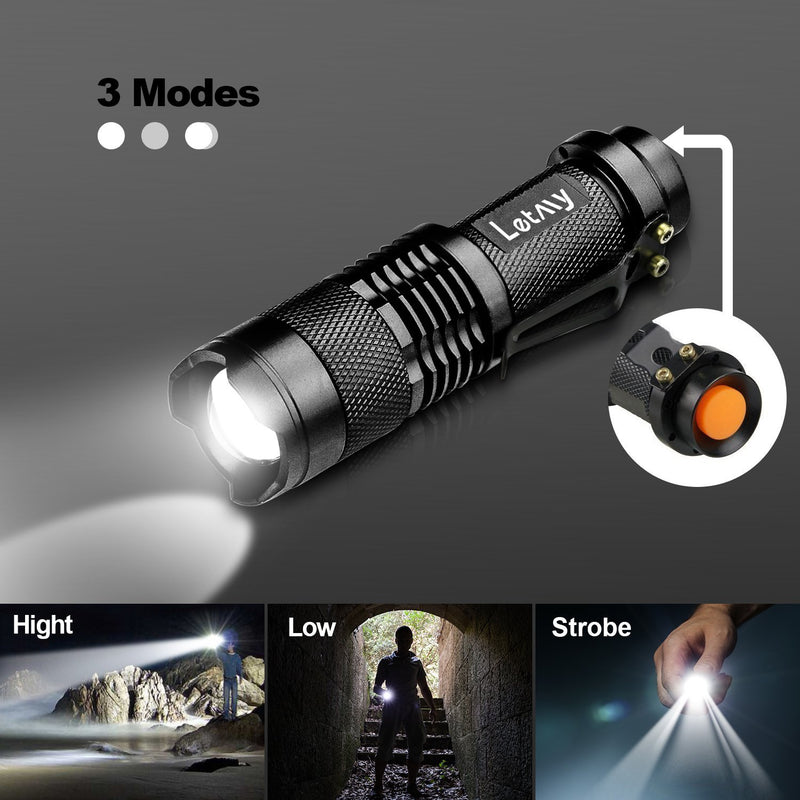 LETMY Tactical Flashlight, Super Bright LED Mini Flashlights with Belt Clip, Zoomable, 3 Modes, Waterproof - Best EDC Flashlight for Gift, Hiking, Camping & Power Outage (2 Pack)