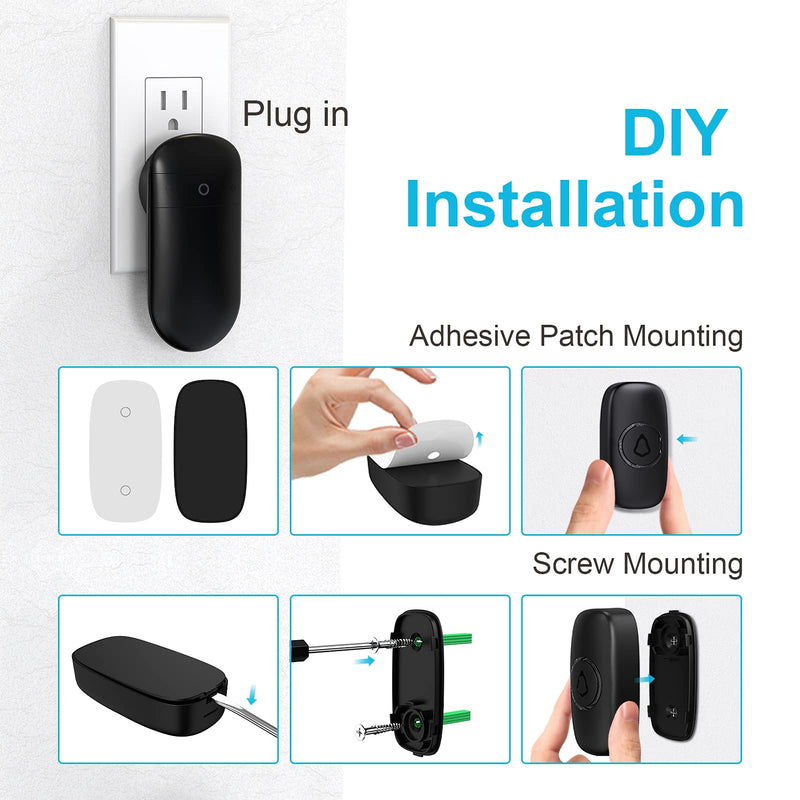SECRUI Wireless Doorbell – Doorbell Wireless Kits with 2 Receivers – Battery Operated Doorbell with 52 Chimes, 110dB, Flash Lights, – Waterproof Modern Doorbell – Over 1000ft Coverage Black