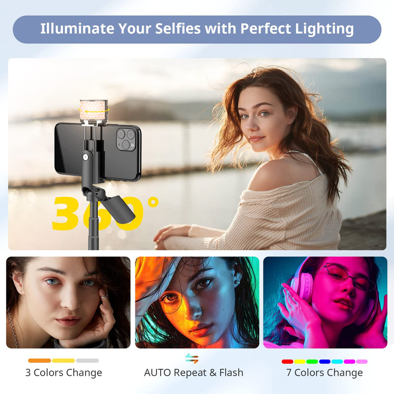 Sensyne Selfie Stick with Light, Phone Tripod with 360° Rotatable Handle Compatible with Cellphones for Selfies/Photography/Video Calls/Live Stream/Content Creating (Black) Black