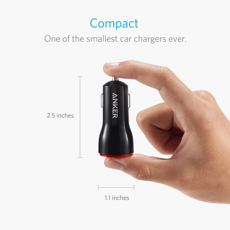 Anker Car Charger, Mini 24W 4.8A Metal Dual USB Car Charger, PowerDrive 2 Alloy Flush Fit Car Adapter with Blue LED, for iPhone XR/Xs/Max/X/8/7/Plus, iPad Pro/Air 2/Mini, Galaxy, LG, HTC and More Black