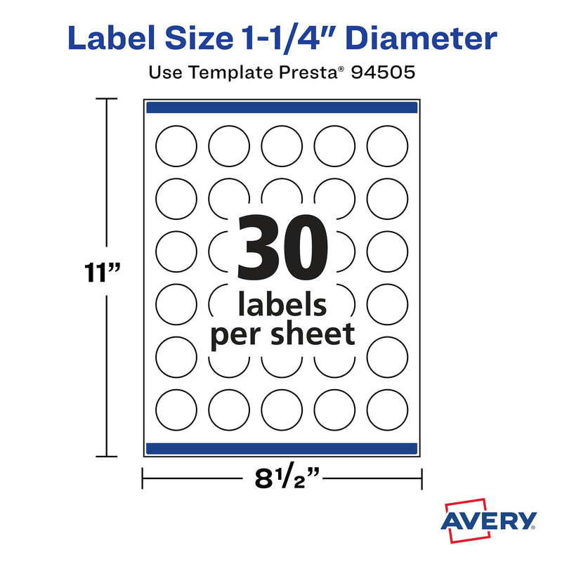 Avery Matte White Round Labels with Sure Feed, 1.25" Diameter, 750 Matte White Printable Labels 750 Labels