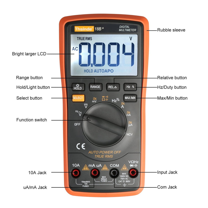 Auto Ranging Digital Multimeter TRMS 6000 with Battery Alligator Clips Test Leads AC/DC Voltage/Account,Voltage Alert, Amp/Ohm/Volt Multi Tester/Diode Orange