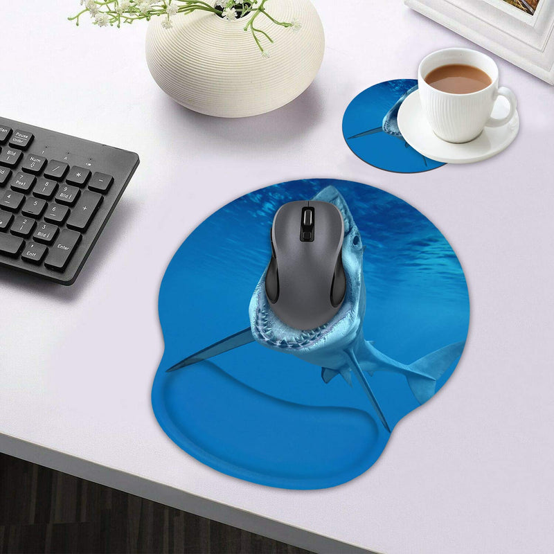 Ergonomic Mouse Pad Wrist Support and Coffee Coaster, Cute Wrist Rest Pad with Non-Slip PU Base for Home Office Working Studying Easy Typing & Pain Relief, Great White Shark