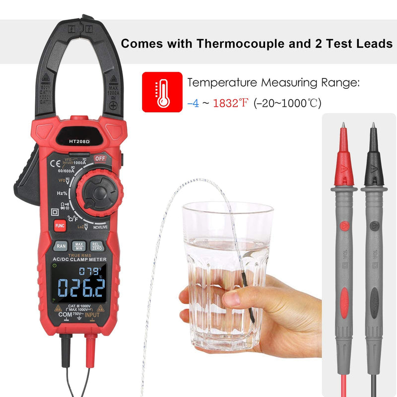 AC/DC Digital Clamp Meter 1000A True RMS Auto Range Professional Multimeter, 6000 Counts, Inrush, VFD, LOZ Mode Measures Current Voltage Temperature Capacitance Resistance Diodes Continuity Duty-Cycle AC/DC Current Meter