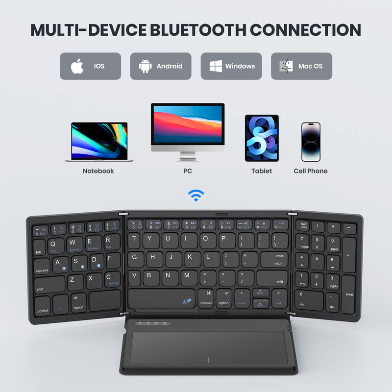GEODMAER Foldable Bluetooth Keyboard, Portable Full Size Bluetooth Keyboard with Large Touchpad, Rechargeable Tri-Folding Ultra Slim Travel Keyboard for Windows iOS Android Mac, Sync up to 3 Devices