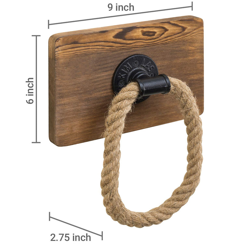 MyGift Dark Brown Wood and Industrial Pipe Wall Mounted Rope Towel Ring, Farmhouse Bathroom Decor Hand Towel Holder