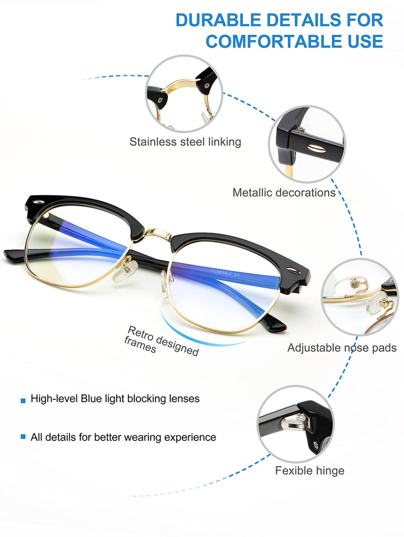 NSSIW Blue Light Glasses for Women and Men, Advanced Computer Glasses, Gaming Glasses, Semi Rimless Glasses 01 Glossy Black/Golden Rim
