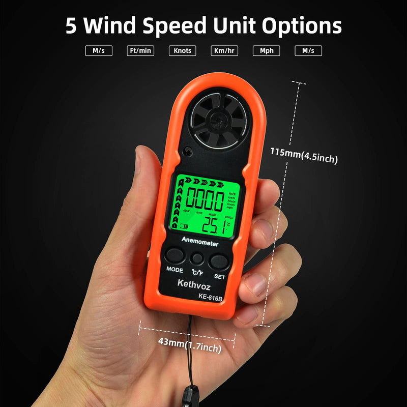 Mini Wind Gauge Digital Wind Meter, Kethvoz Handheld Anemometer Measure Air Flow Speed 0.3~30m/s, Wind Gauge with Thermometer for Windsurfing Kite Drone Flying Sailing Surfing KE-816B